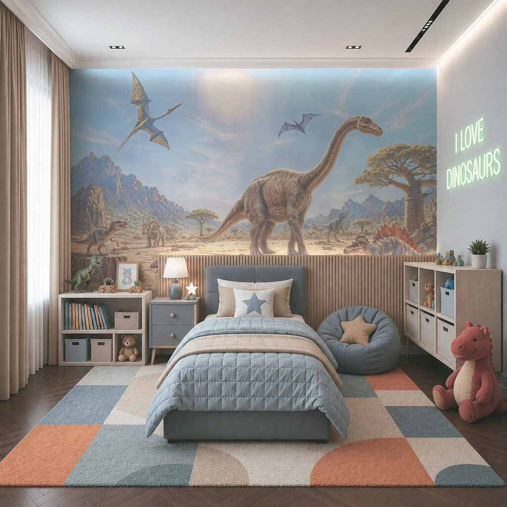 Dinossauros junto à água num interior