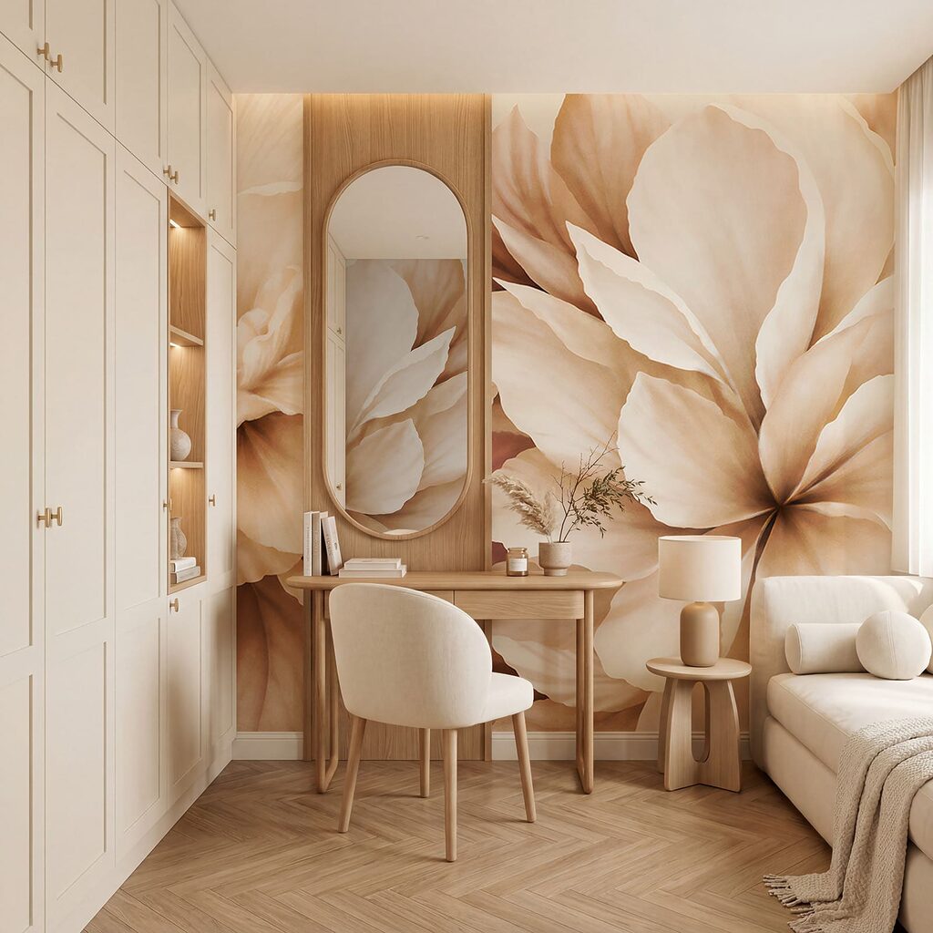 Flores grandes em creme num interior