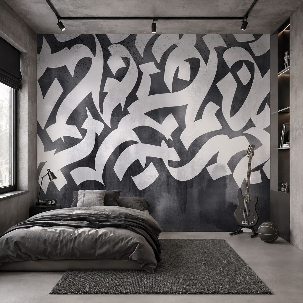 Letras escuras sobre tinta num interior