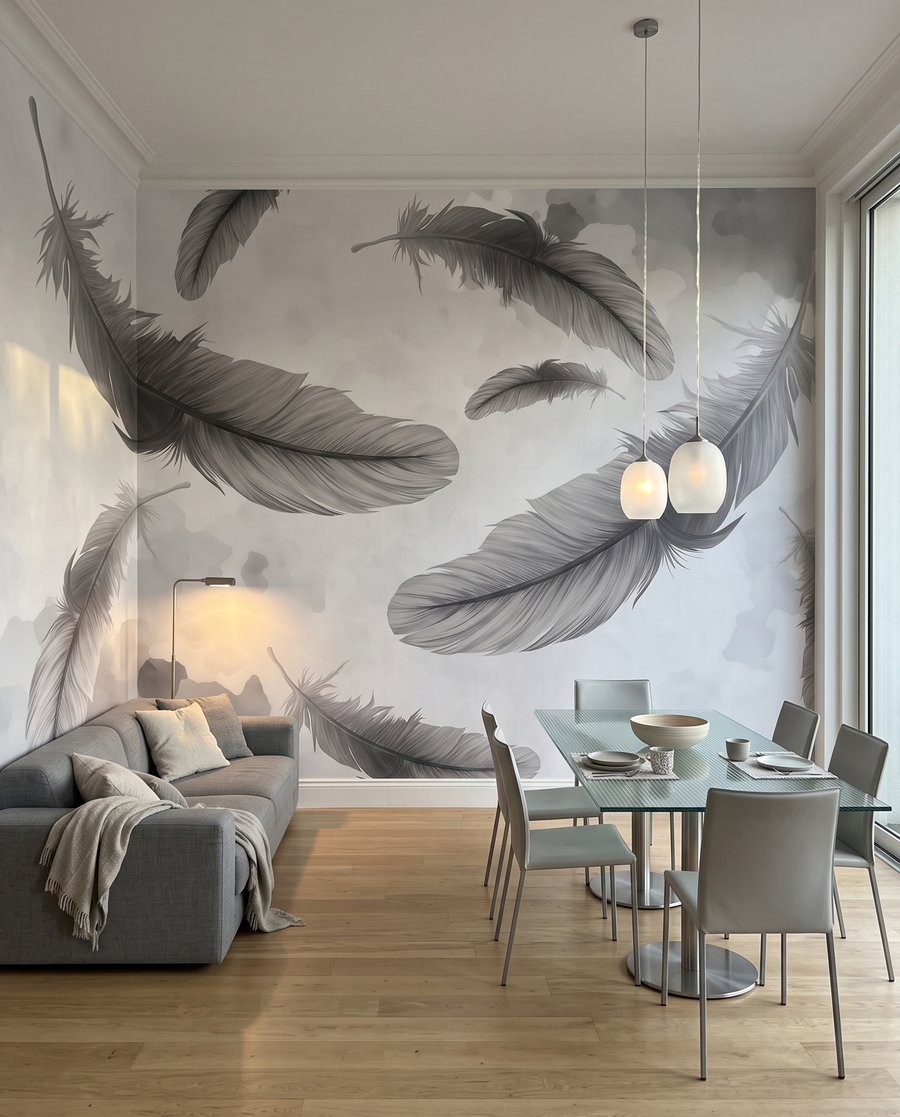 Penas flutuantes sobre tinta — interior 1
