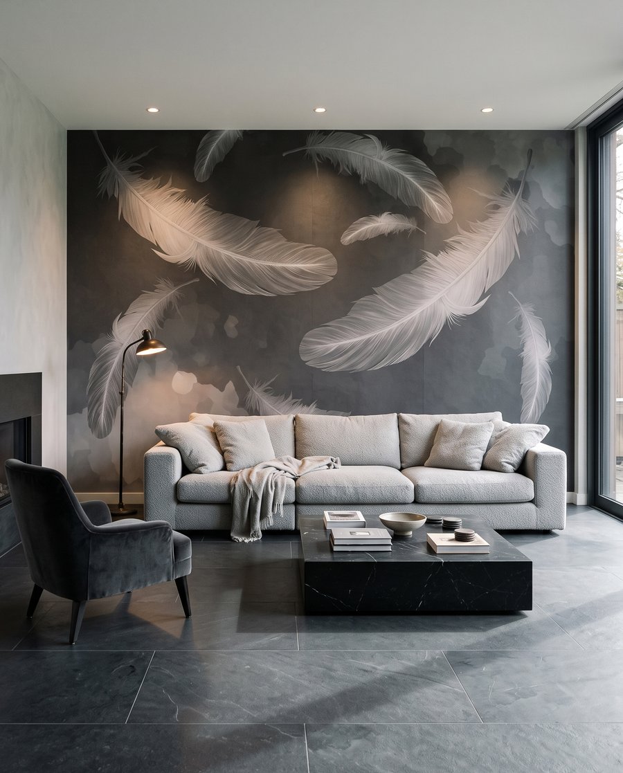Penas flutuantes sobre tinta — interior 1