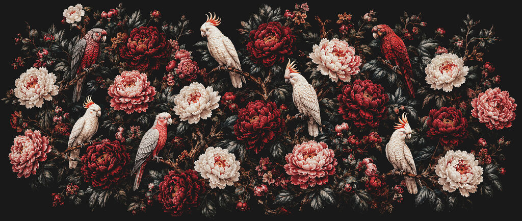 Aves brancas em vermelho-escuro — design completo