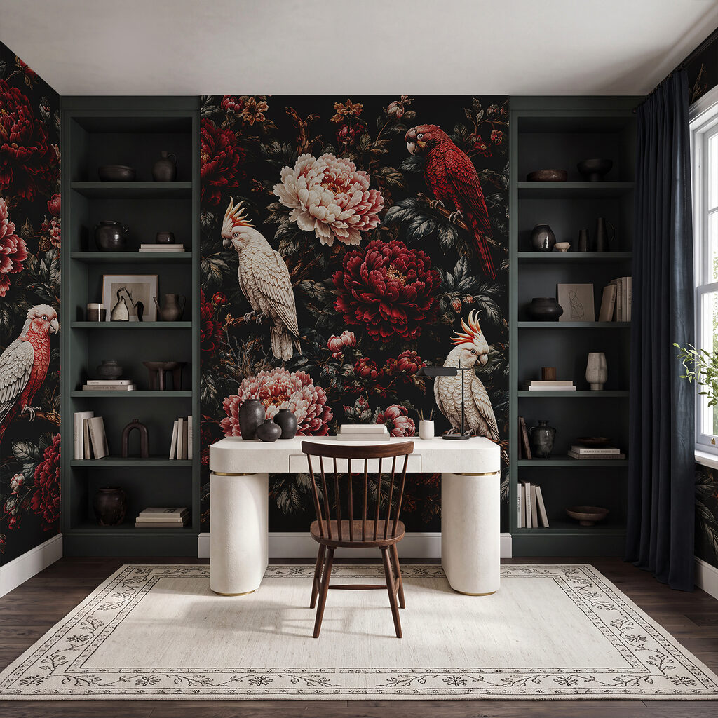 Aves brancas em vermelho-escuro — interior 4