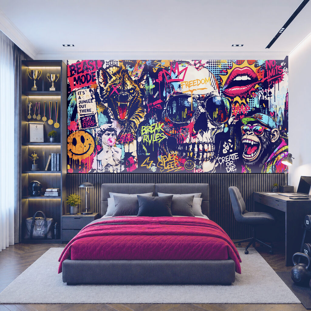 Caveira em graffiti num interior