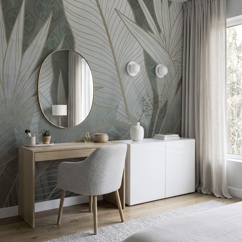 Folhas tropicais com nervuras num interior