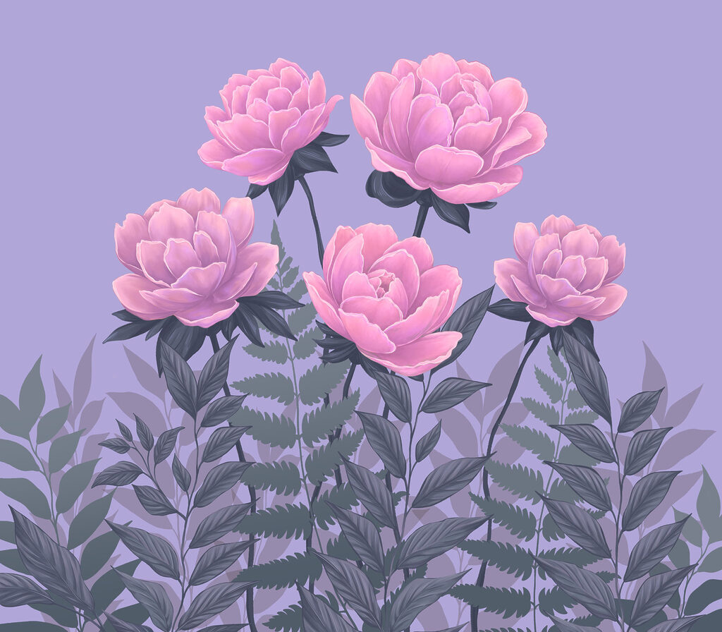 Flores rosa sobre lilás — design completo