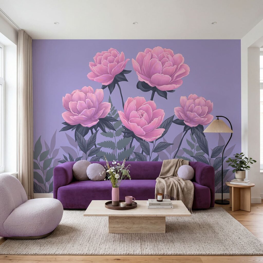 Flores rosa sobre lilás — interior 3