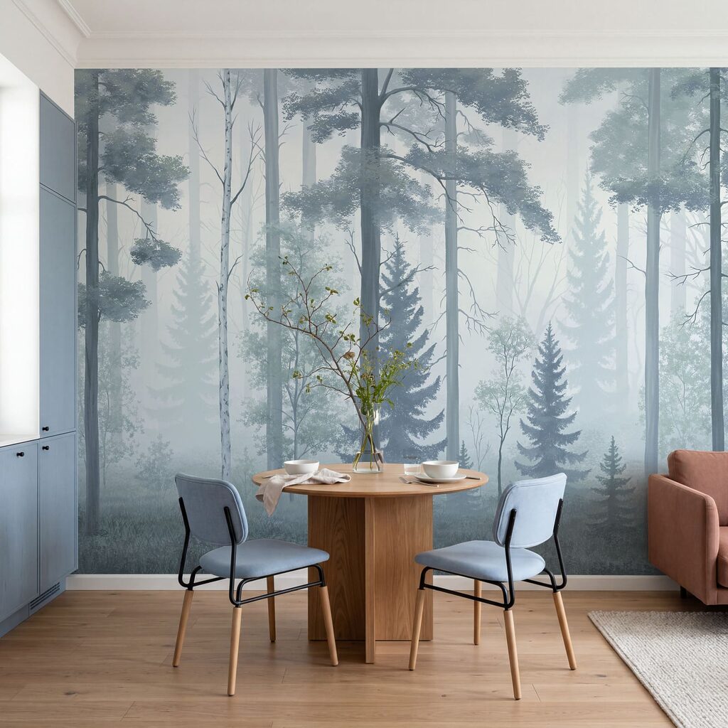 Troncos altos na névoa — interior 1