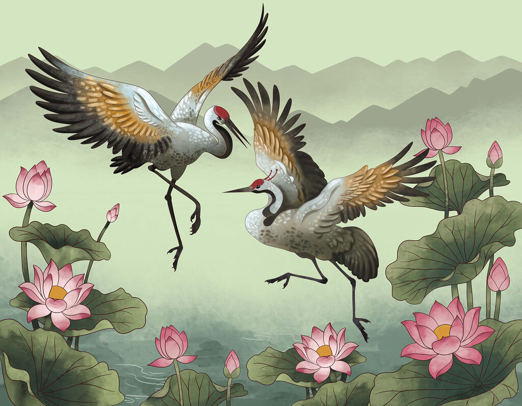 Aves sobre lótus — design completo