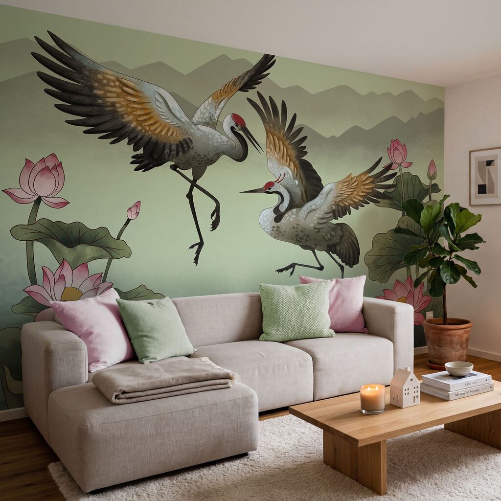 Aves sobre lótus num interior