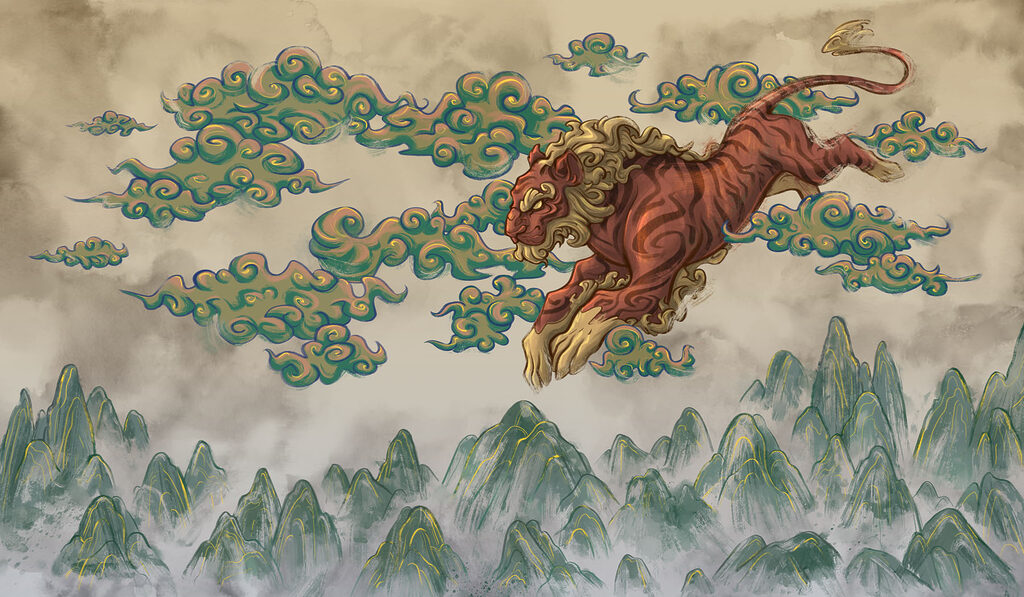 Tigre sobre nuvens pintadas — design completo