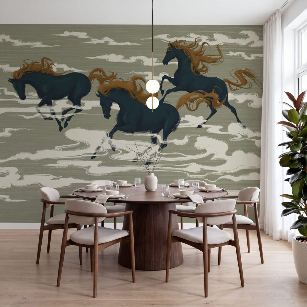 Cavalos entre nuvens num interior