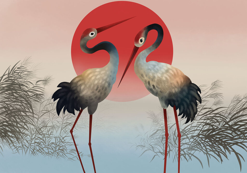 Duas aves ao entardecer — design completo