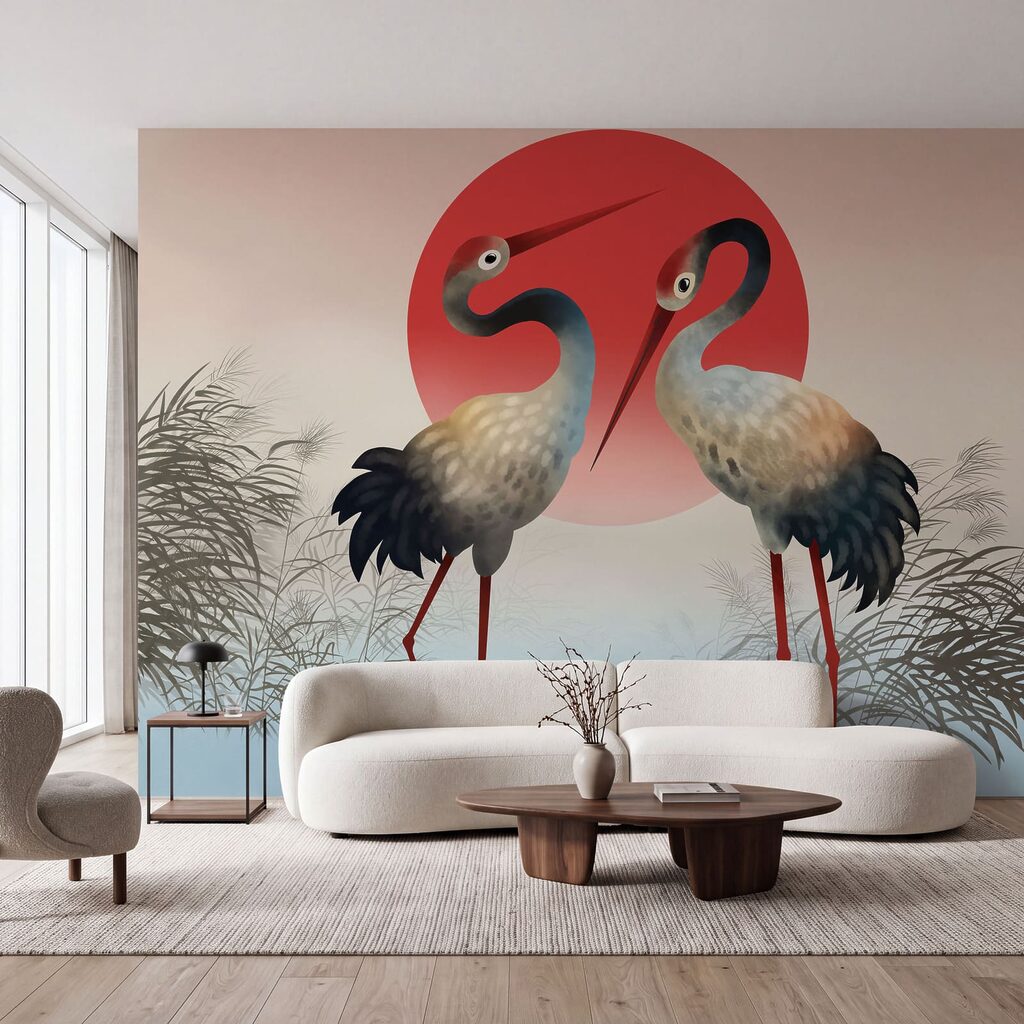 Duas aves ao entardecer num interior