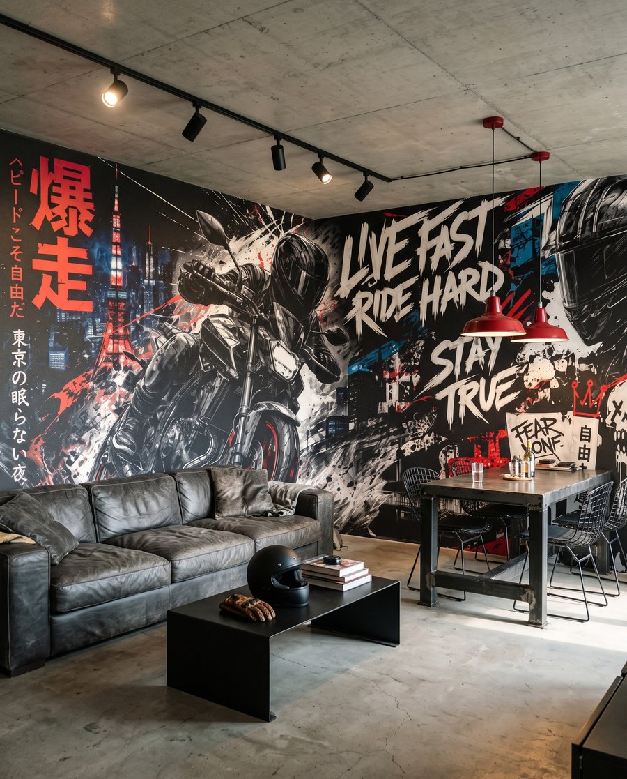 Motas e graffiti num interior