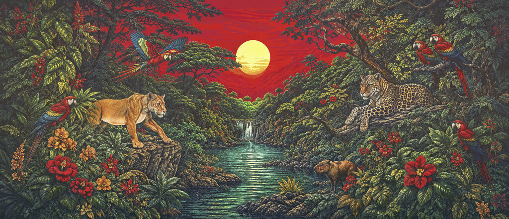 Felinos sob céu vermelho — design completo