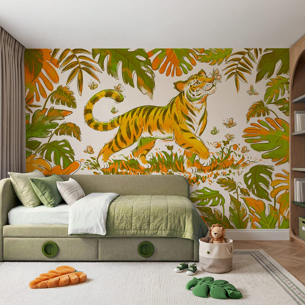 Tigre entre folhas garridas — interior 1
