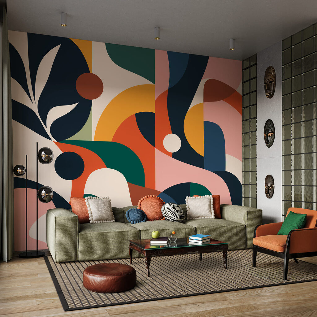 Faixas coloridas e ramos num interior