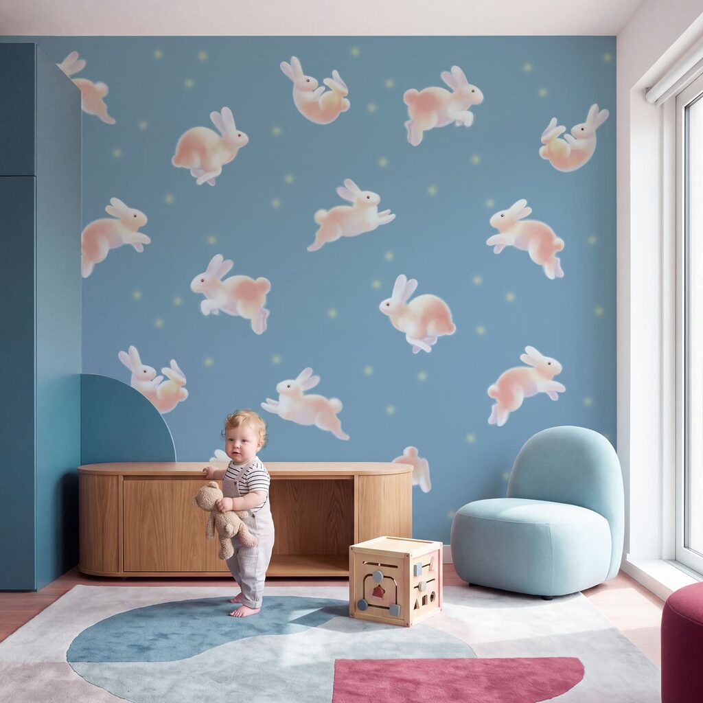 Coelhos saltitantes num interior