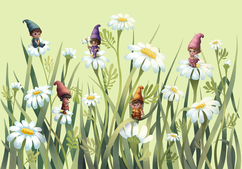 Gnomos entre flores altas — design completo