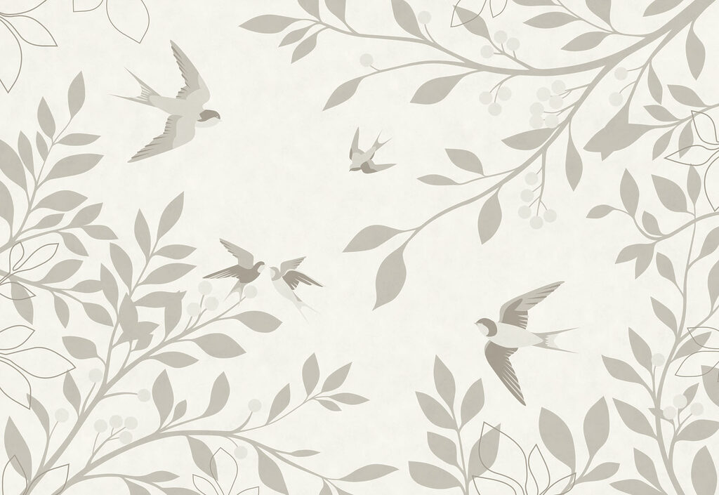 Aves entre ramos cinzentos — design completo