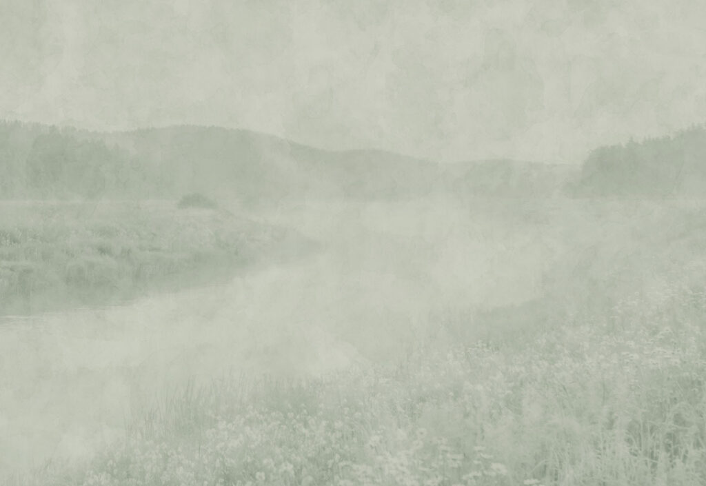 Colinas verdes na neblina — design completo
