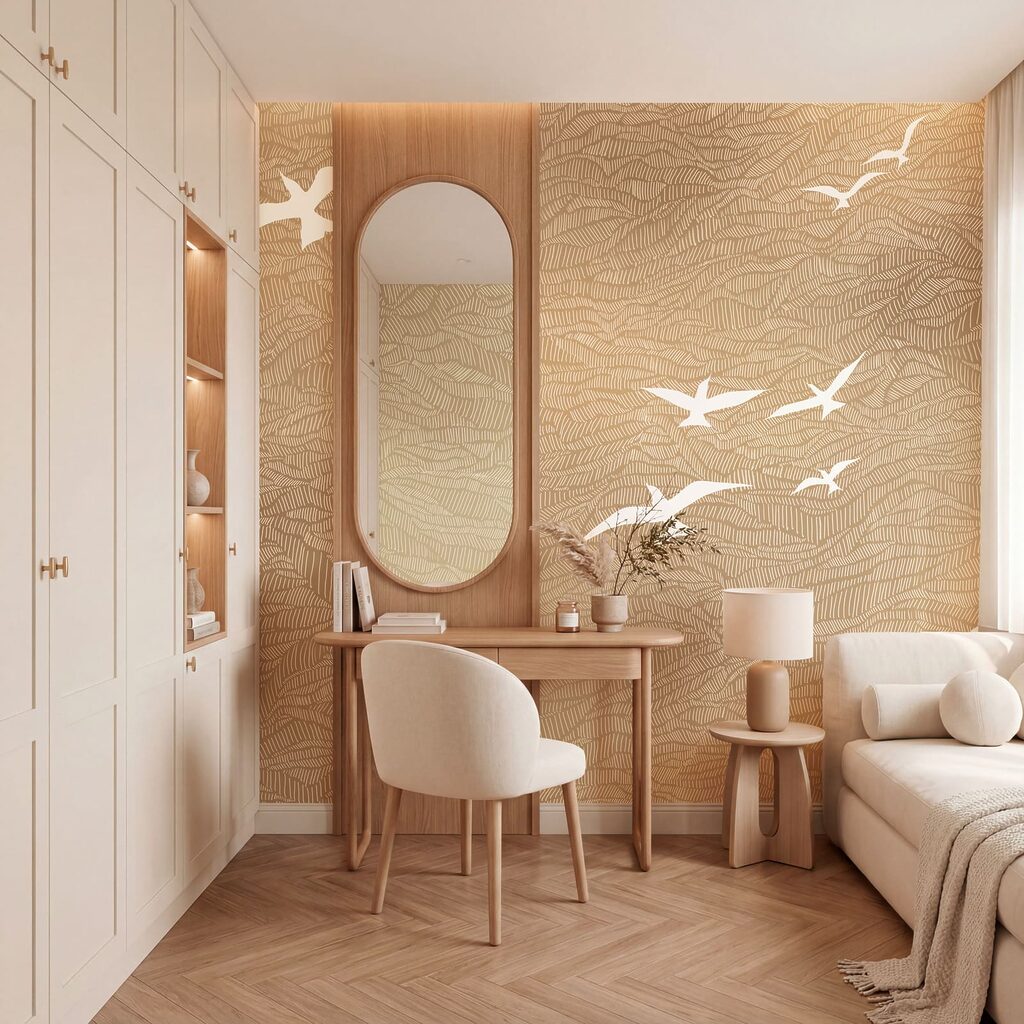 Aves brancas sobre ondas num interior