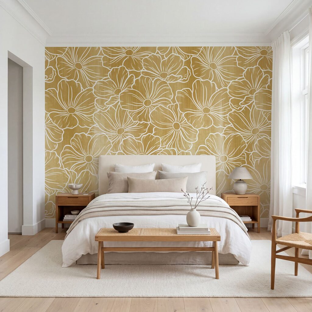 Linhas brancas de flores num interior