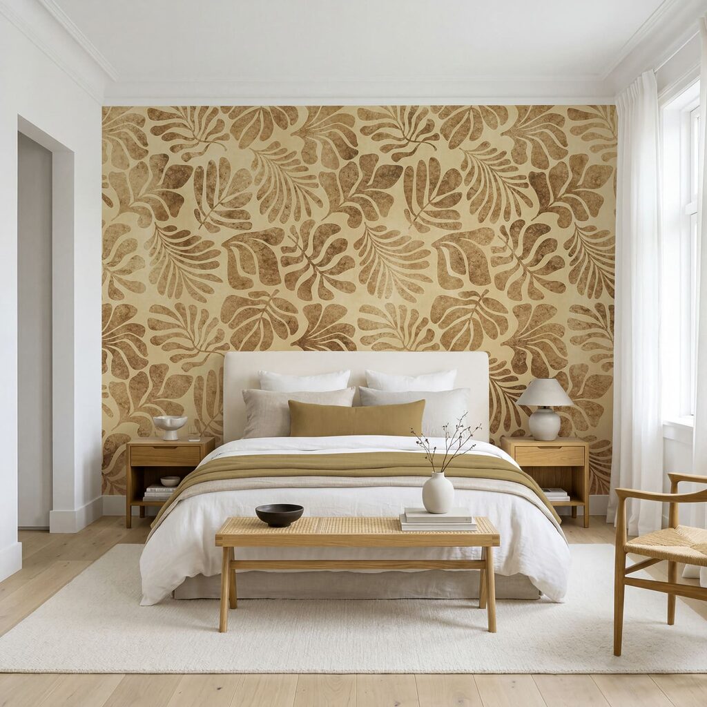 Folhas tropicais estampadas num interior