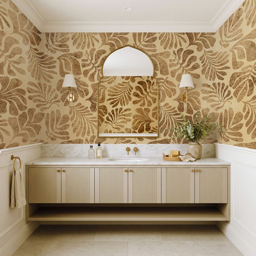 Folhas tropicais estampadas num interior