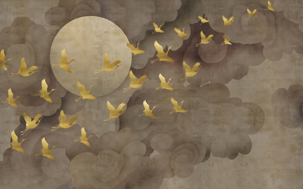 Pássaros dourados e lua — design completo