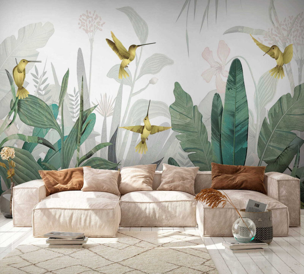 Colibris entre folhas num interior