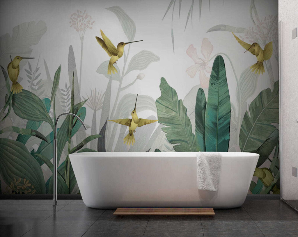Colibris entre folhas num interior
