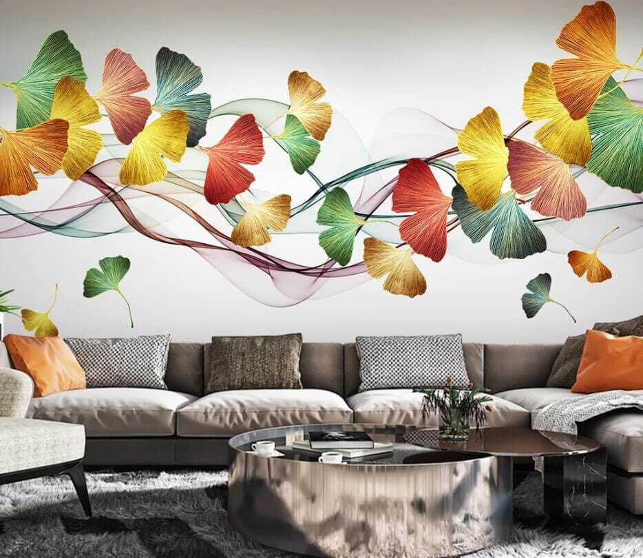 Folhas e fitas coloridas num interior