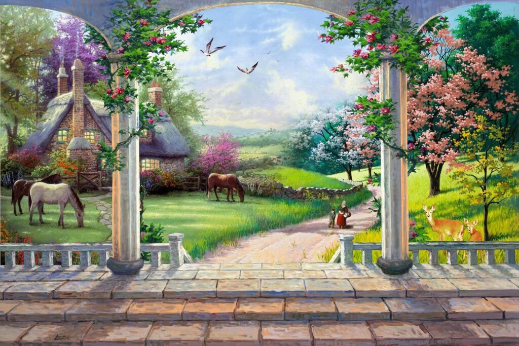 Terraço florido com cavalos — design completo