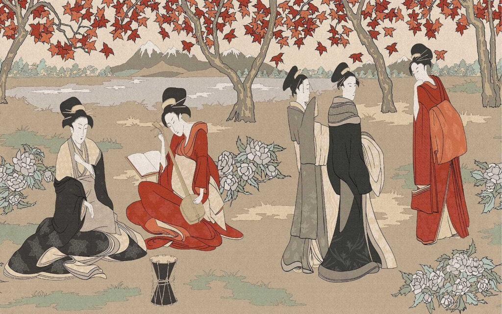 Mulheres sob árvores vermelhas — design completo