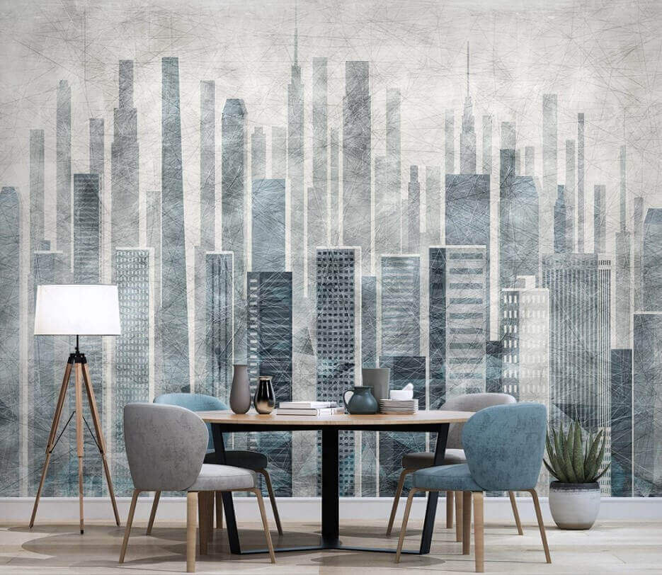 Cidade em tons cinzentos num interior