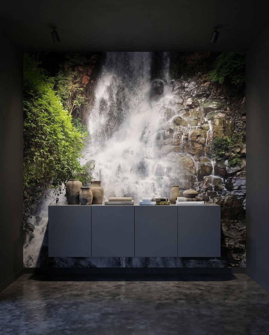 Cascata entre rochas escuras — interior 4