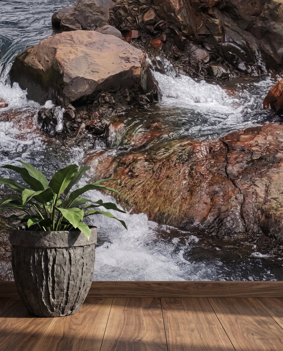 Cascata entre rochas escuras — detalhe