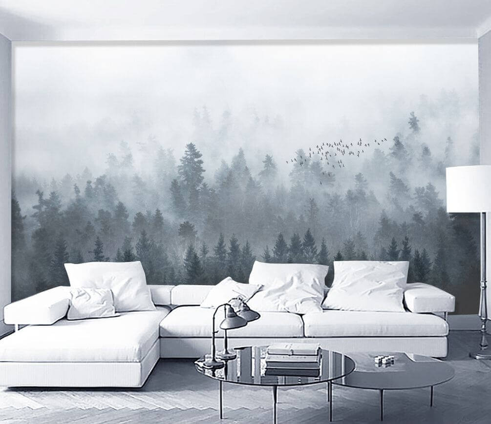 Aves sobre bosque enevoado — interior 1