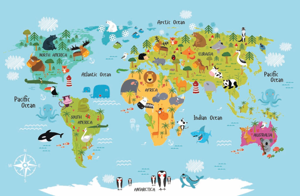 Animais no mapa-mundo — design completo