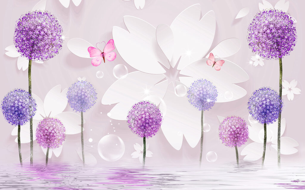 Flores redondas entre borboletas — design completo