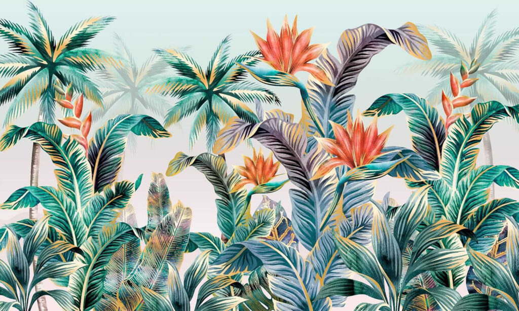 Folhas tropicais e flores — design completo