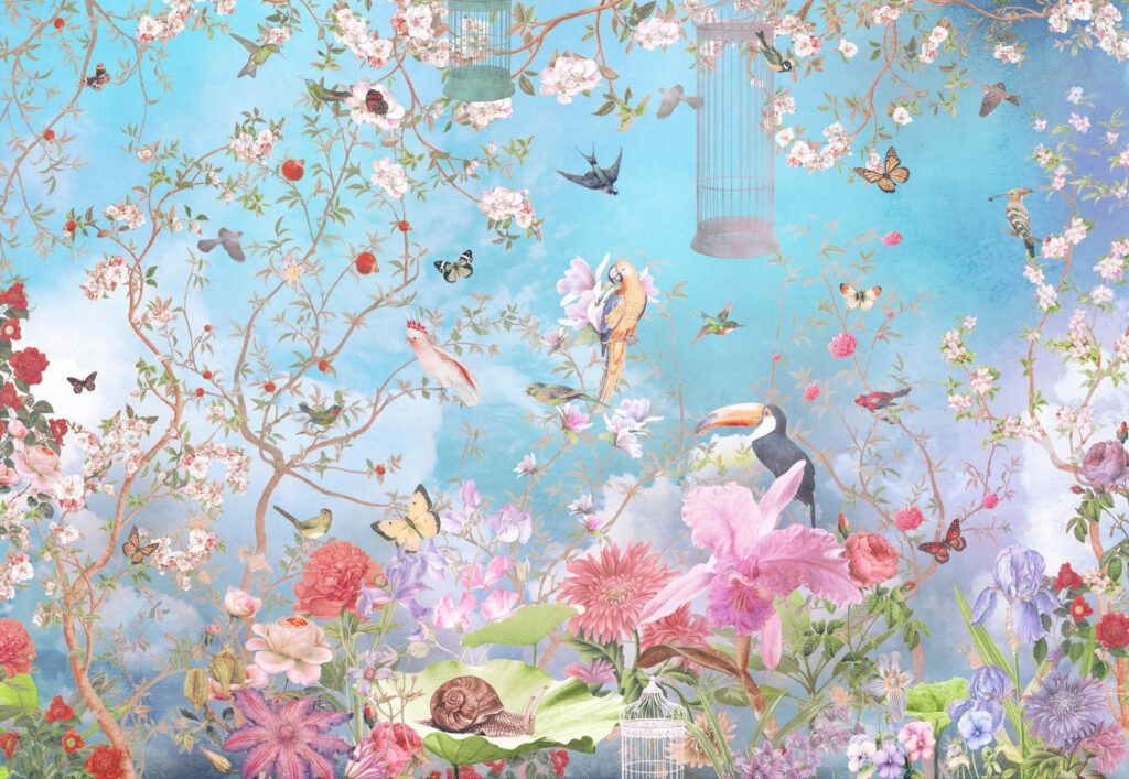 Jardim floral com aves — design completo