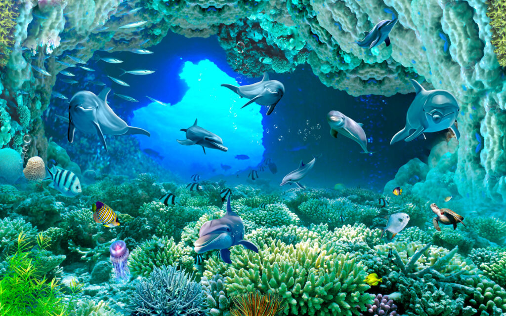 Golfinhos sob o coral — design completo