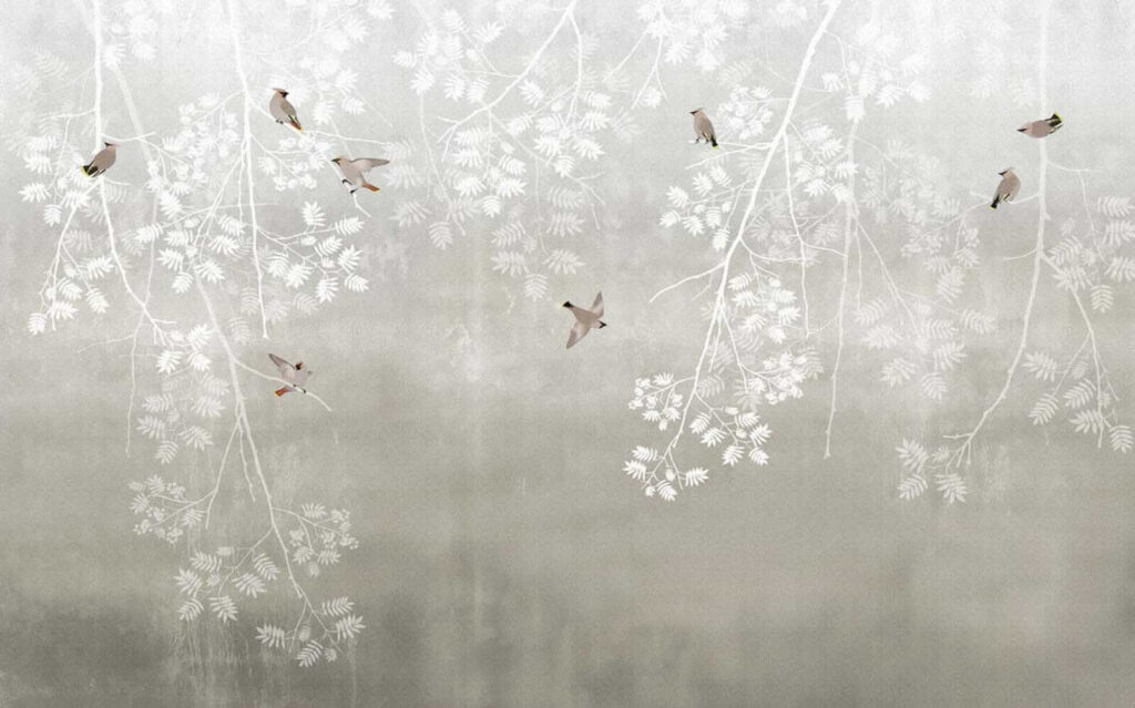 Aves entre ramos brancos — design completo