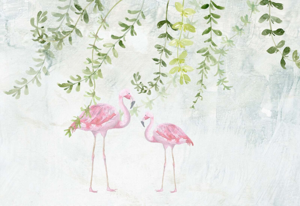 Flamingos sob ramos pendentes — design completo
