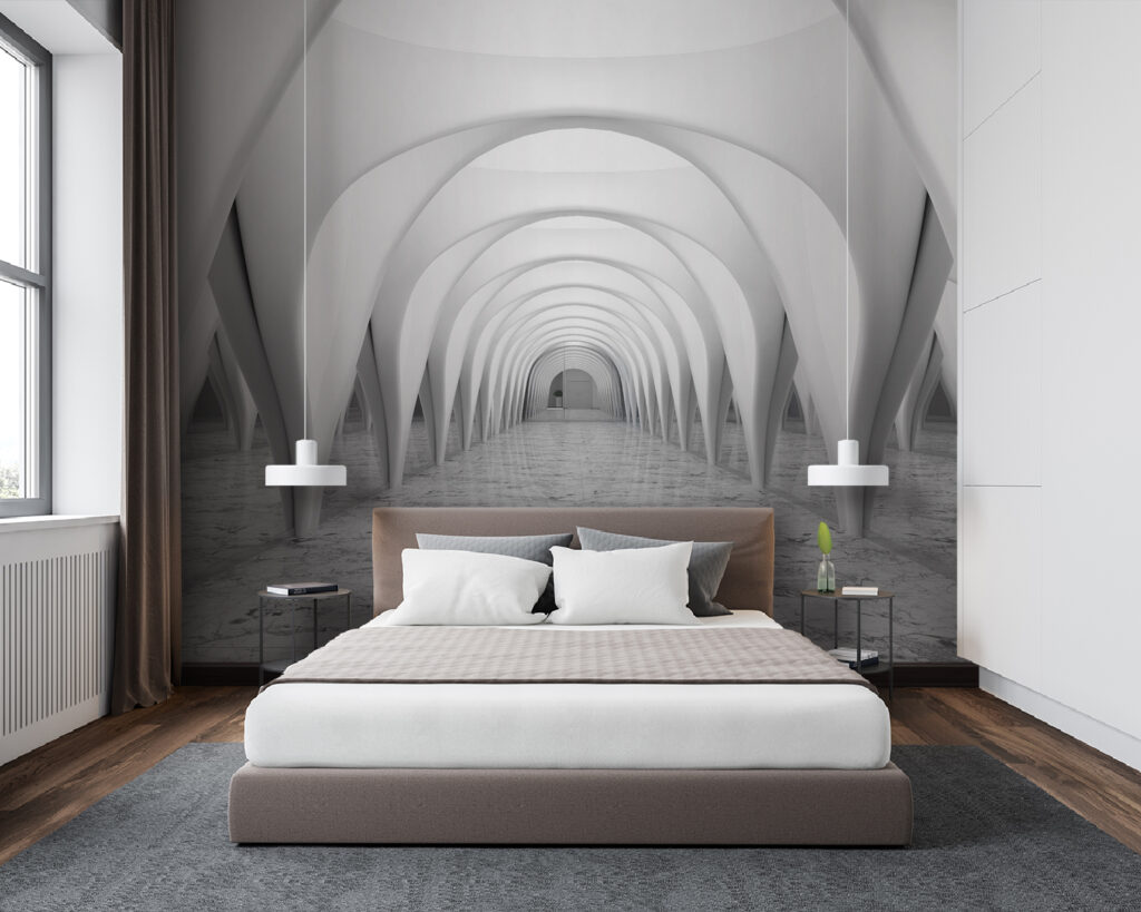 Arcos brancos num corredor — interior 1