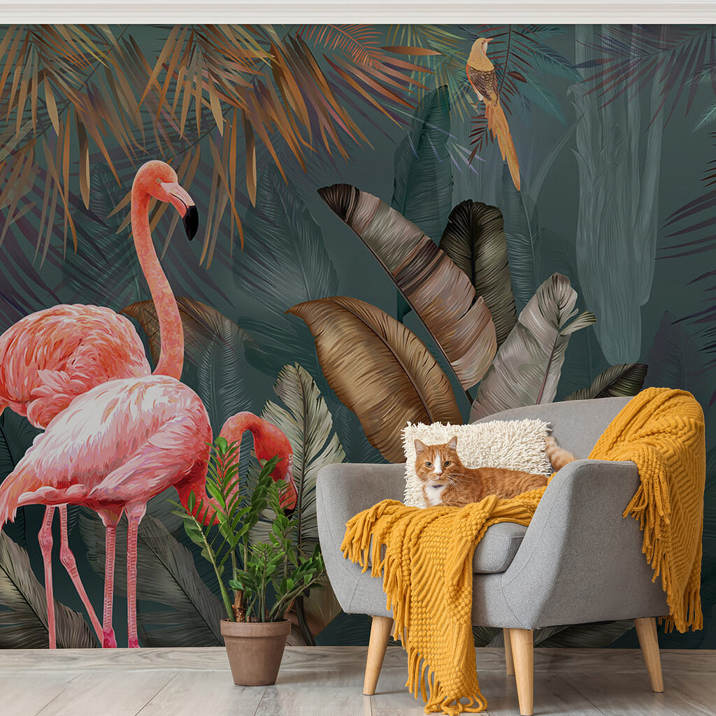 Flamingos entre folhagem tropical — interior 2