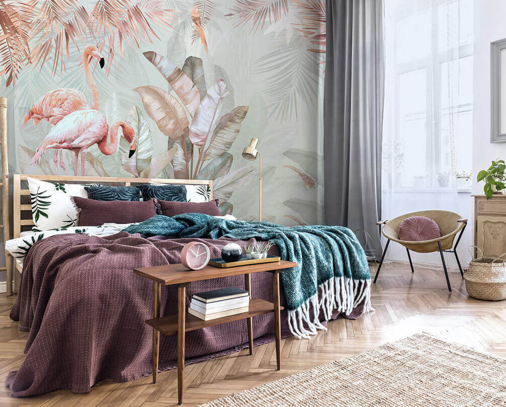 Flamingos entre folhagem tropical — interior 1